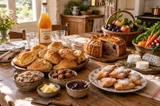Table en bois dans une cuisine de campagne, garnie de spécialités locales comme fouées, rillauds, pâté aux prunes, bottereaux, fromages, fruits et jus de pomme sous une lumière naturelle chaleureuse.