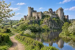 Château de Tiffauges en pierre sur un promontoire, entouré de bocage verdoyant et d'une rivière, sous un ciel bleu printanier.