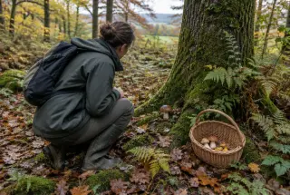 Cueilleur observant un champignon dans un sous-bois d’automne des Mauges, avec un panier aéré posé à ses côtés.